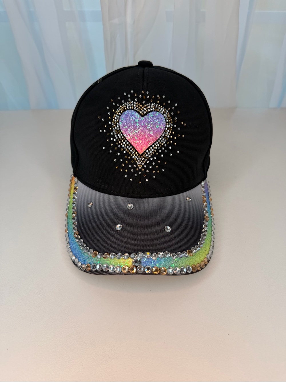 Black Rainbow Glitter Heart Rhinestone Studded Baseball Hat Cap Adjustable